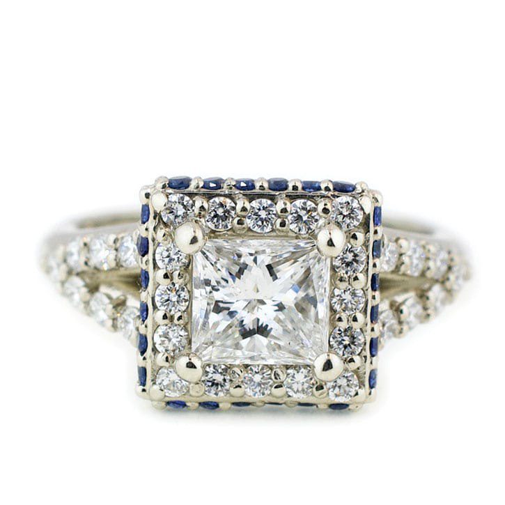 Princess Cut Diamond Halo Engagement Ring With Sapphires
