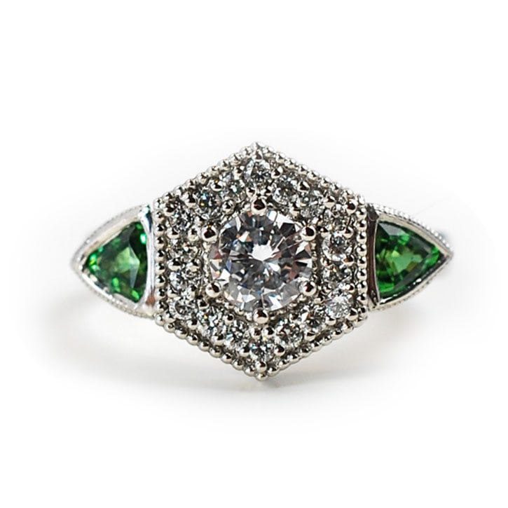 Vintage Inspired Diamond Halo Ring With Tsavorite Garnets