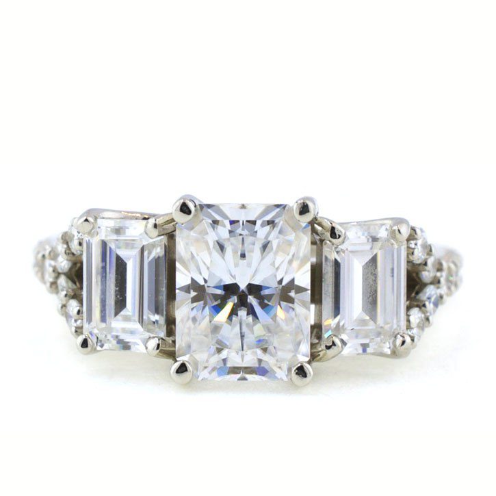 Emerald Cut Moissanite Three Stone Engagement Ring