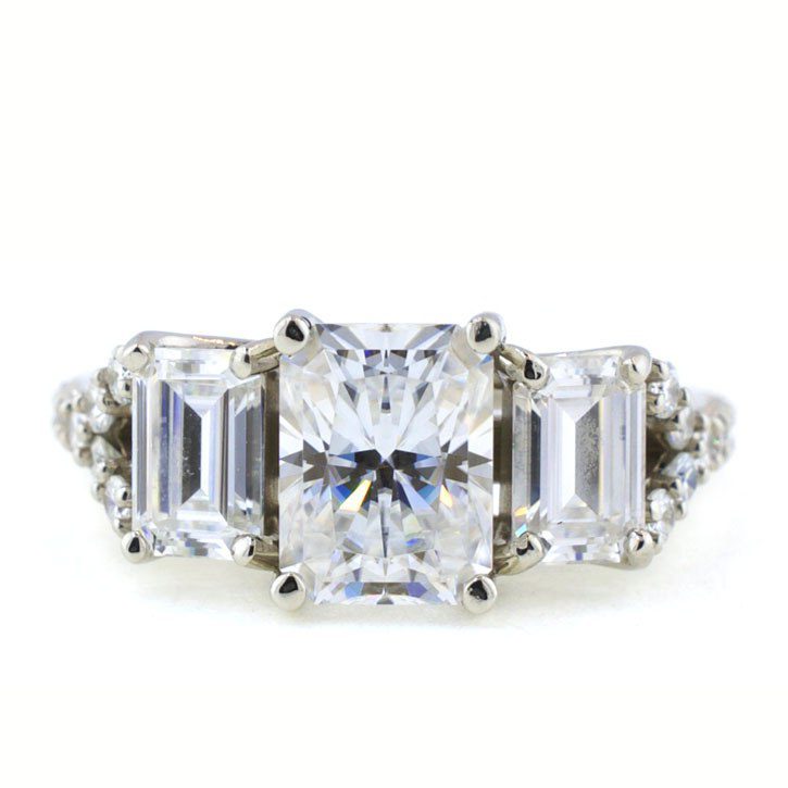 Emerald Cut Moissanite Three Stone Engagement Ring | Abby Sparks Jewelry