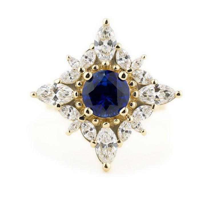 Blue Sapphire Engagement Ring with Diamond Sunburst Halo