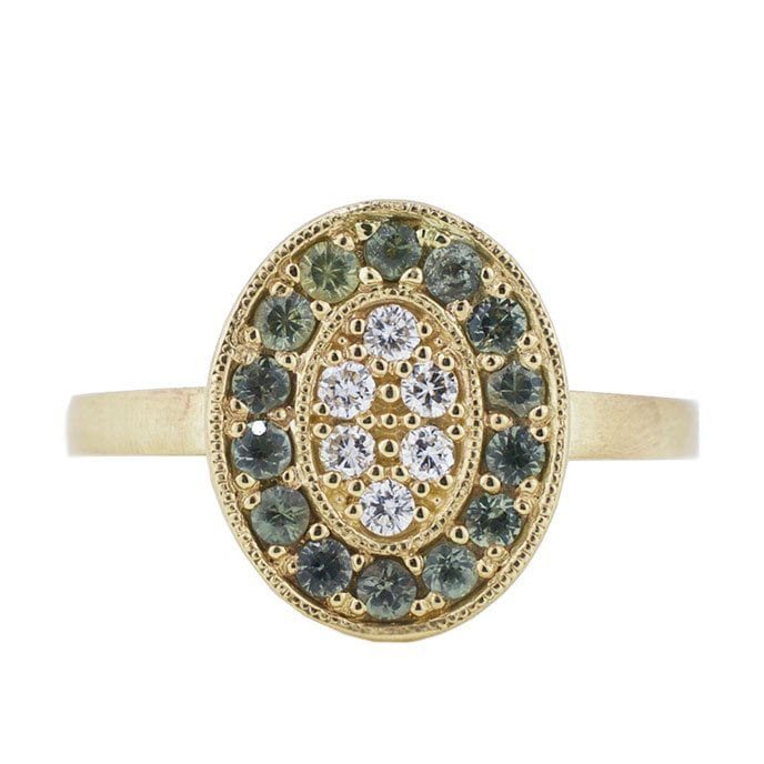 A custom engagement ring yellow-gold diamond Montana sapphires for Lindsey