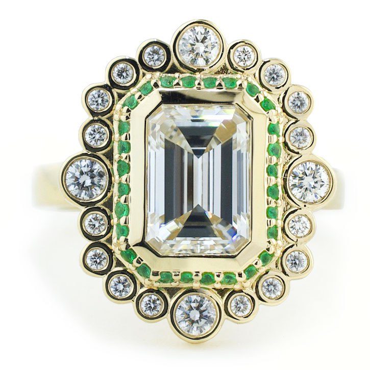 Emerald Cut Diamond Double Halo Art Deco Ring