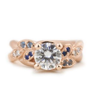 The Katie, Custom Moissanite and Rose Gold Engagement Ring by Abby Sparks Jewelry