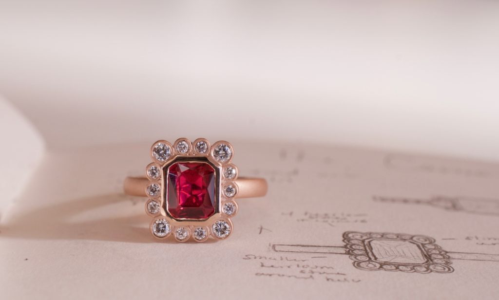 Custom-engagement-ring-rose-gold-lab-grown-ruby-diamond-melee-styled-sketchbook-carrie