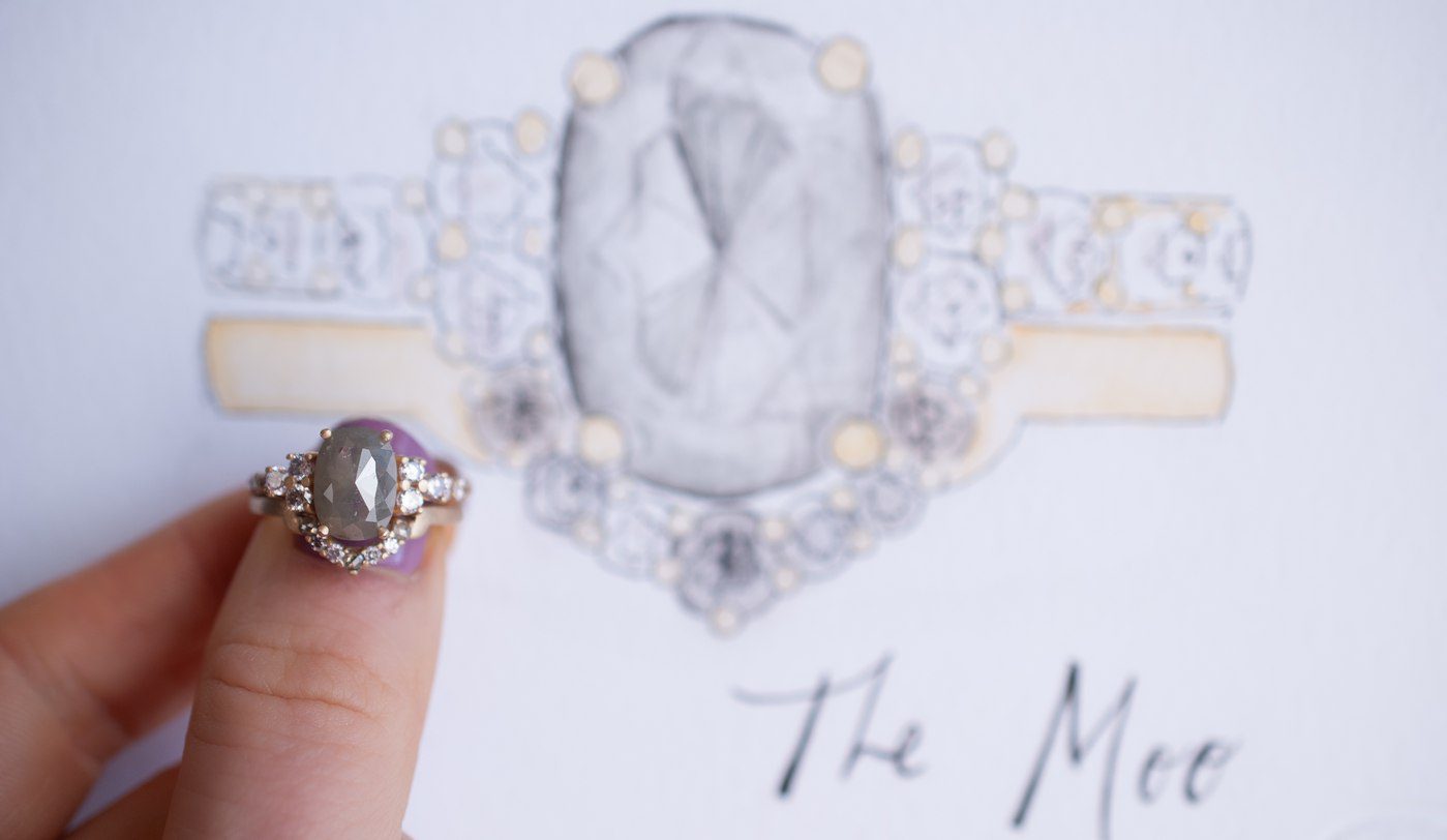 Custom-engagement-ring-yellow-gold-rose-cut-oval-grey-diamond-matching-wedding-band-set-watercolor-moo (1)