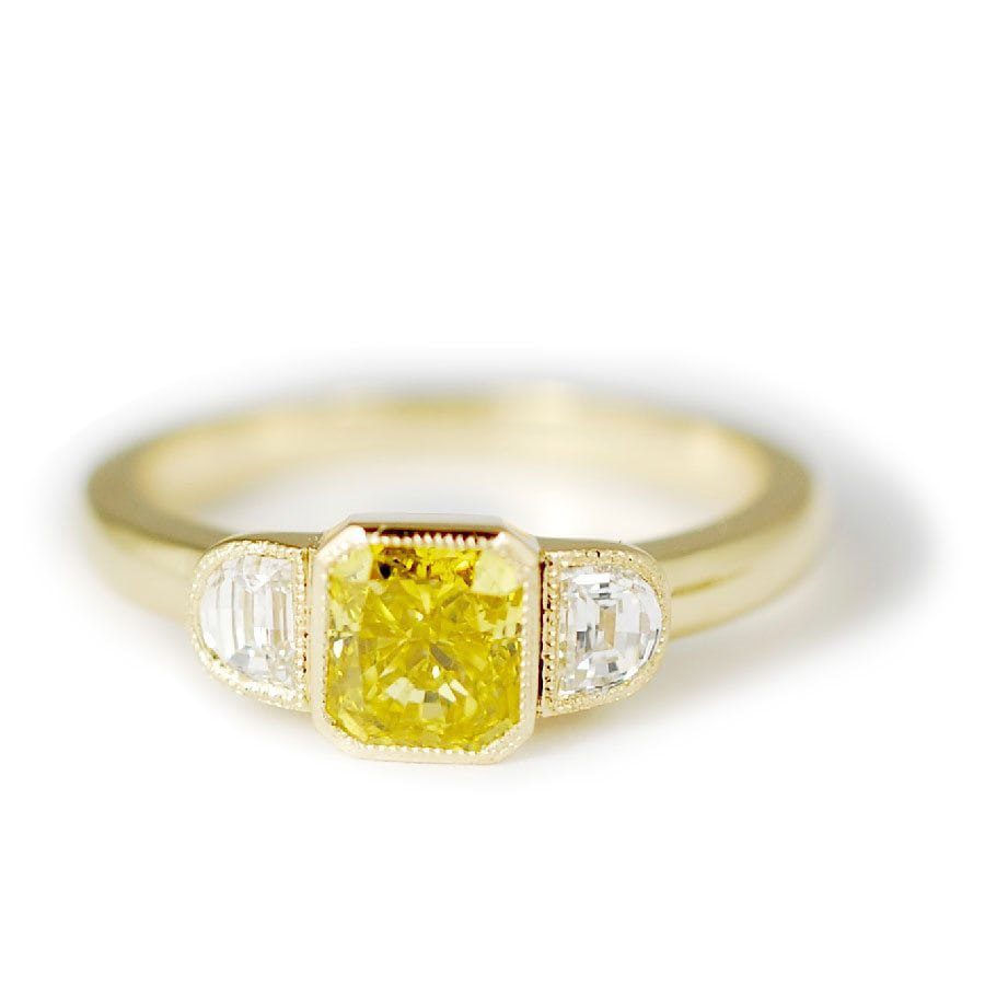 Yellow Diamond Ring With Half Moon Accents
