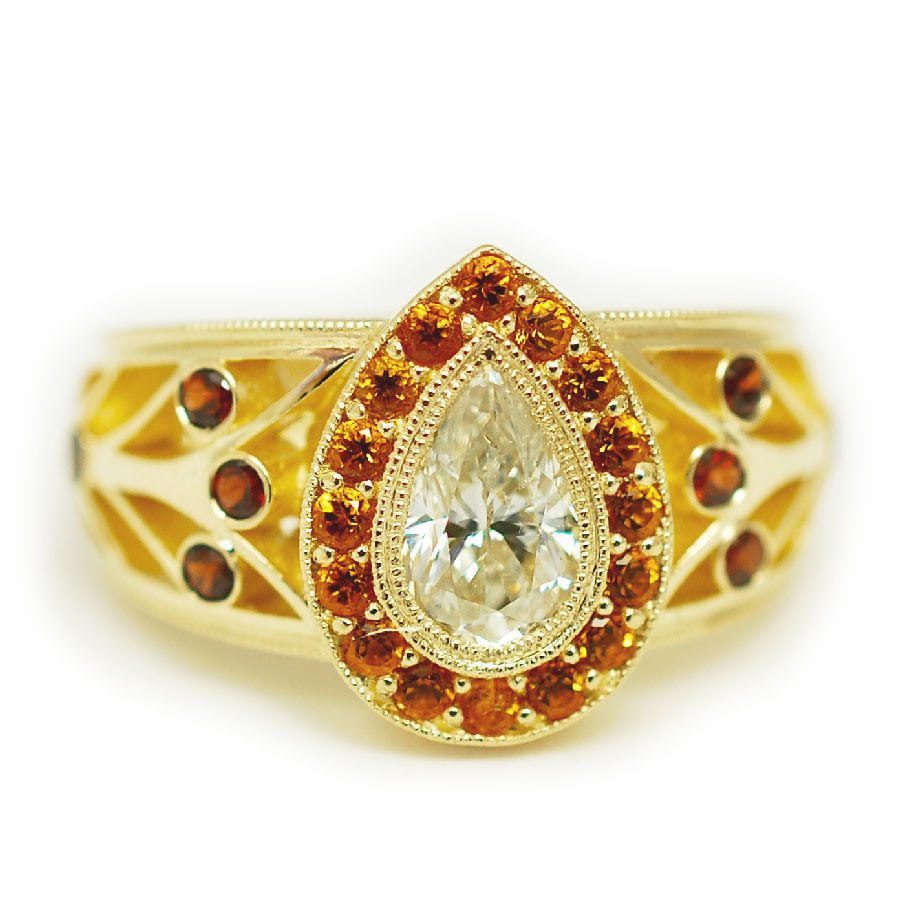 Art Deco Pear Diamond Ring with Garnet Halo