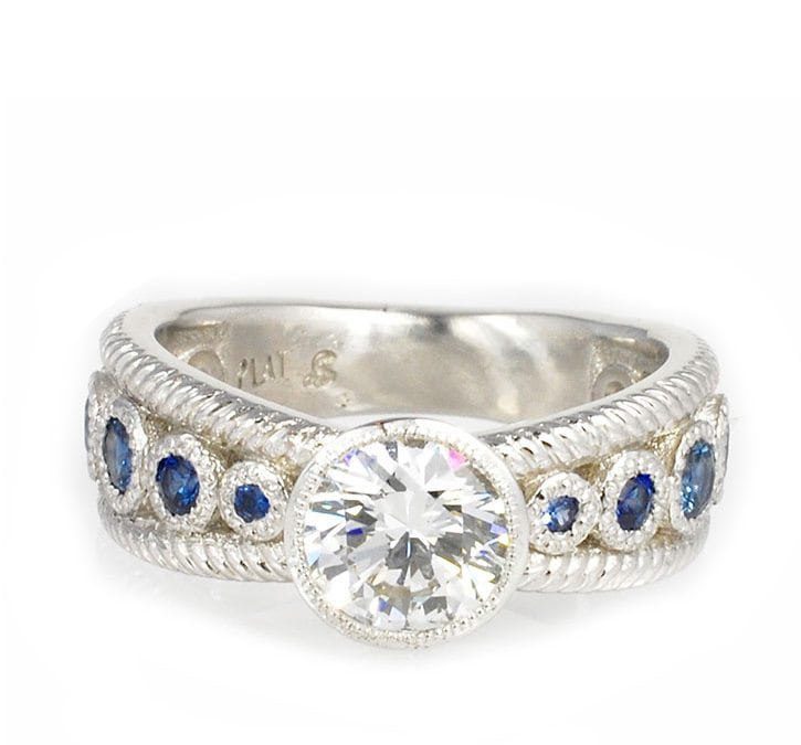 Platinum Miligrain Diamond and Sapphire Ring