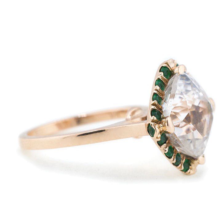 Rose Gold Kunzite Emerald Halo Ring