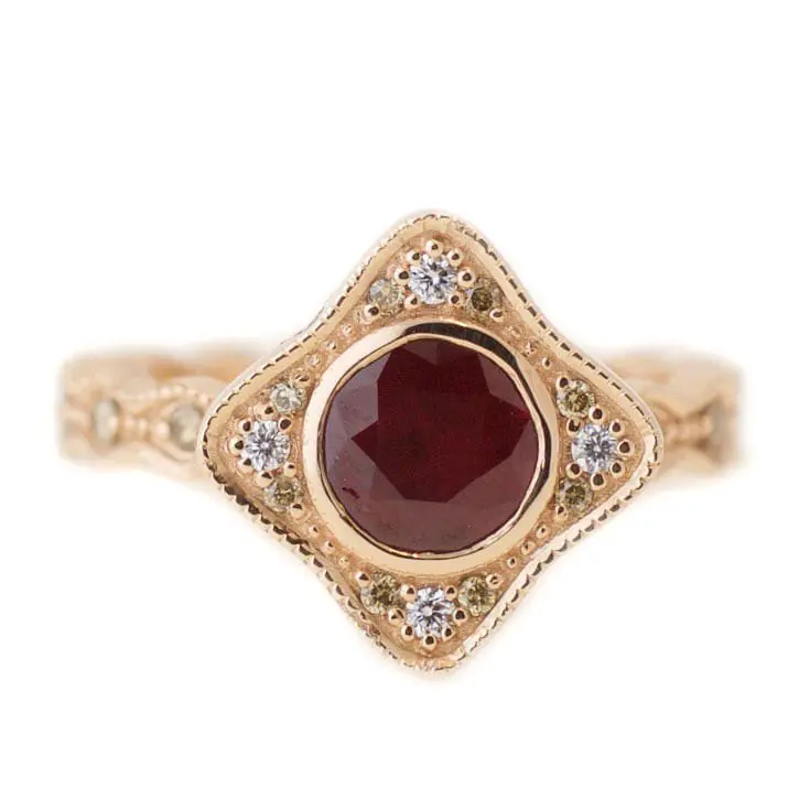 Rose Gold, Ruby, And Champagne Diamond Engagement Ring