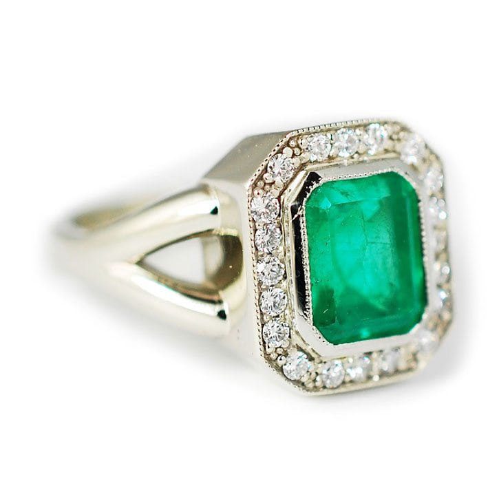 White Gold Emerald Ring with Diamond Halo