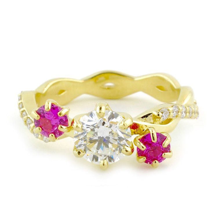 Twisted Yellow Gold Diamond Ring With Pink Sapphires