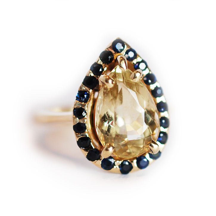 Pear Shaped Citrine Ring with Sapphire Halo