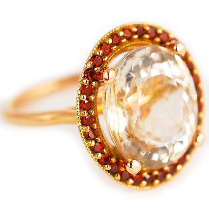 Rutilated Quartz Ring with Garnet Halo