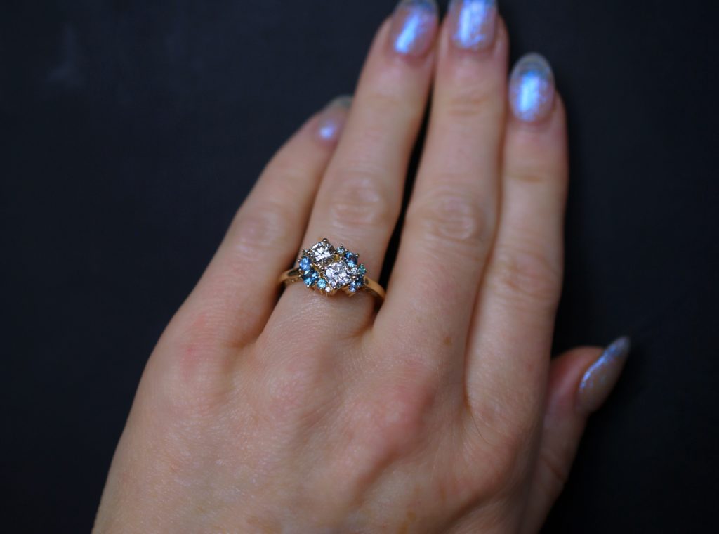 The Gail Yellow gold Diamond and Spaphire ocean inspired cluster engagement ring, handcrafted by Abby Sparks Jewelry.