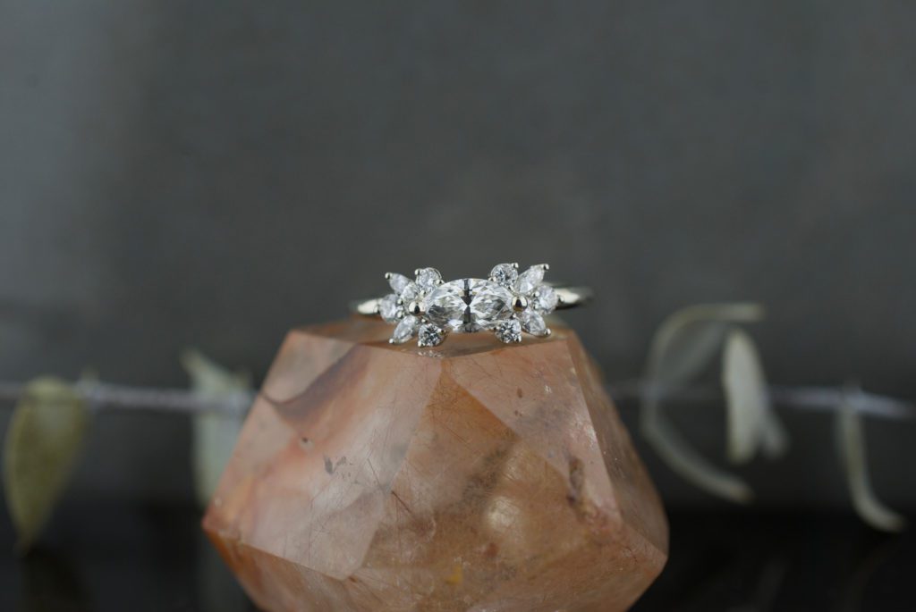 The Melissa custom diamond marquise cluster ring in white gold, handcrafted by Abby Sparks Jewelry in Denver, CO.