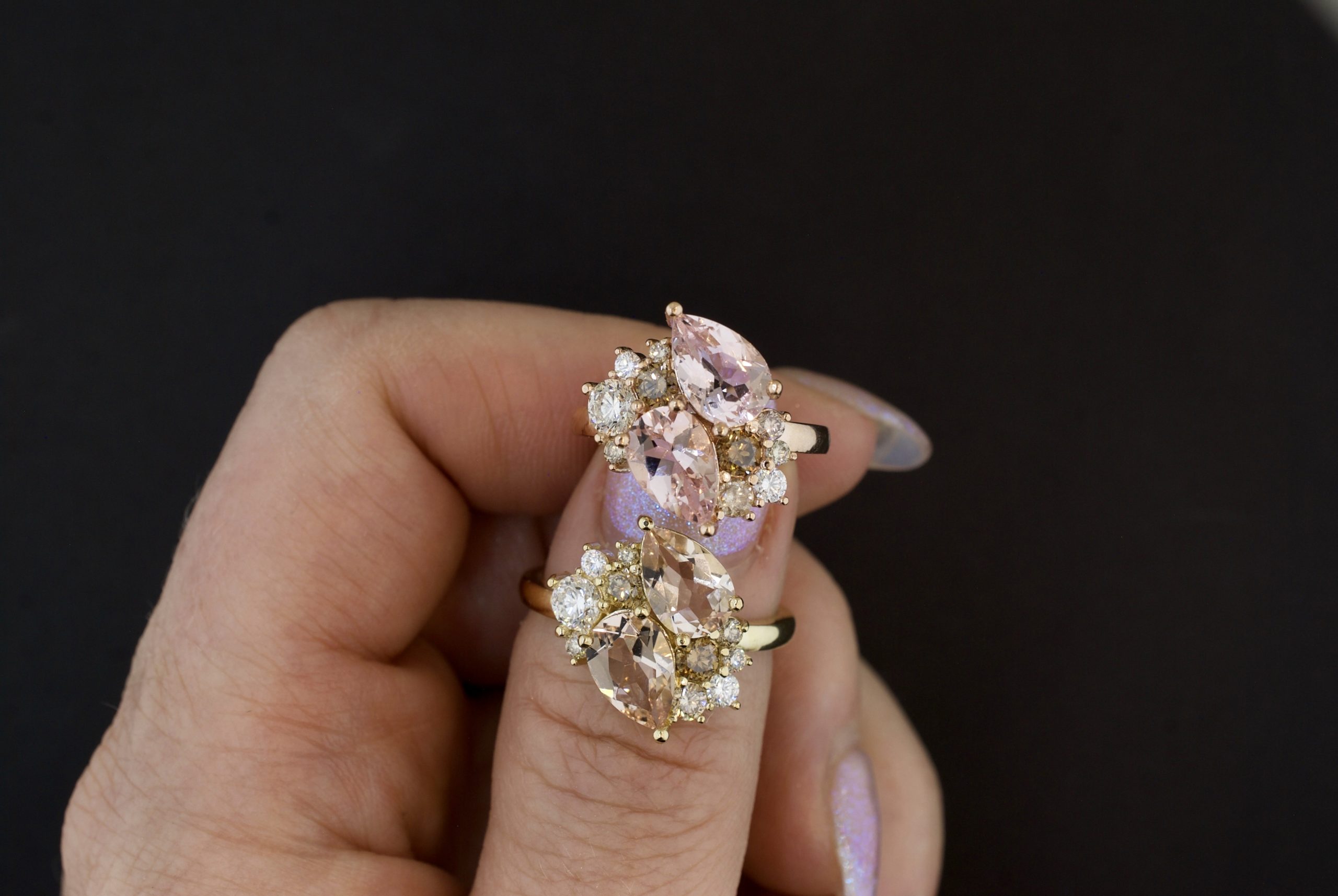 multi ring margart marie matching pear morganite diamond cluster ring set black background scaled