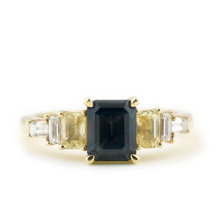 Emerald Cut Sapphire Ring with Baguette Diamonds
