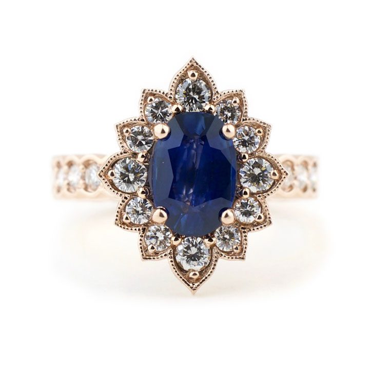 Vintage Inspired Sapphire Engagement Ring with Diamond Halo