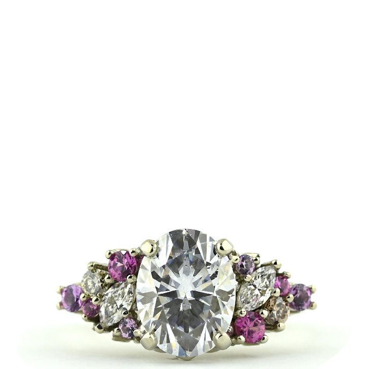 2 Carat Moissanite and Pink Sapphire Cluster Engagement Ring