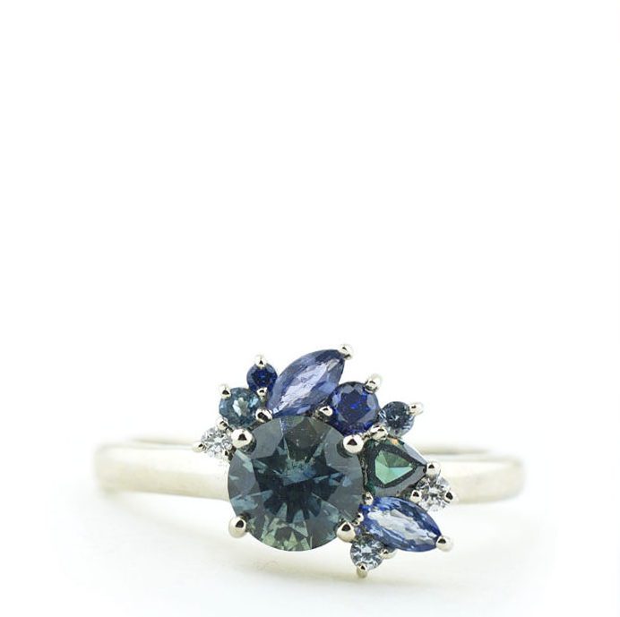 Light Blue Sapphire Asymmetric Cluster Ring