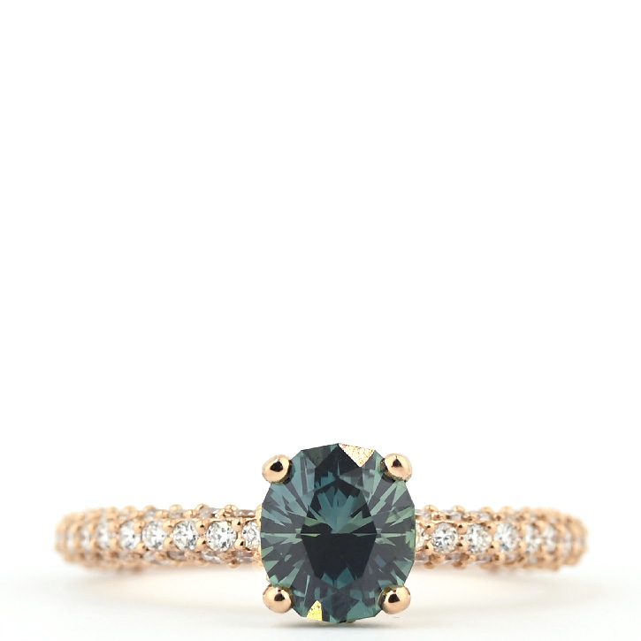 Teal Blue Sapphire Ring with Pave Diamond Band