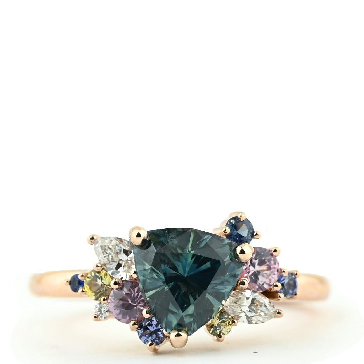 Cluster Trillion Teal Sapphire Ring