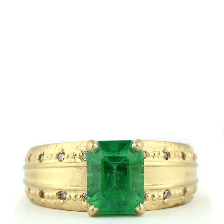 Wide Band Yellow Gold Emerald Ring