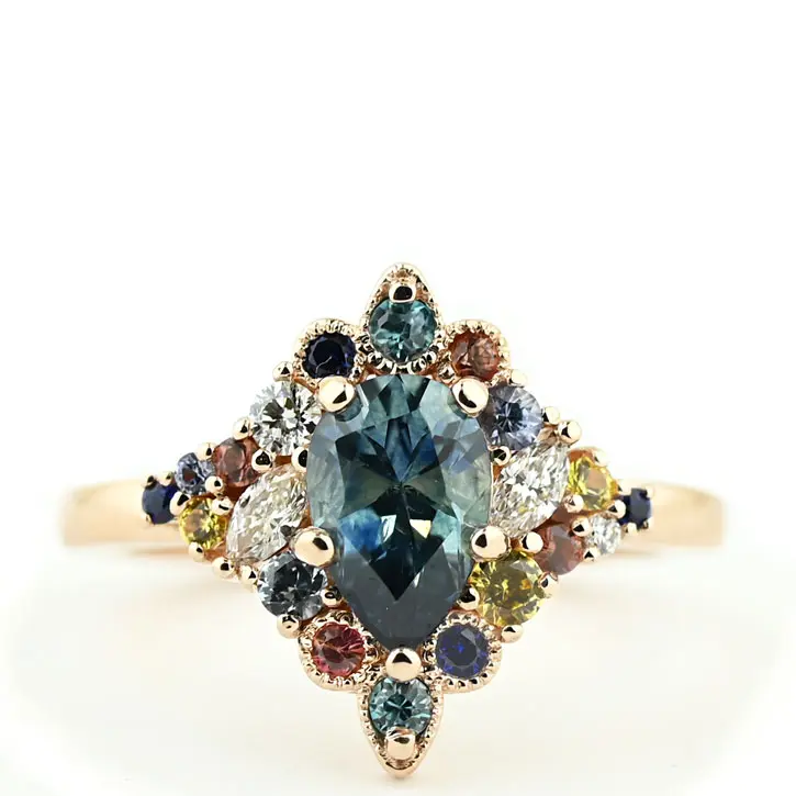 Custom sapphire cluster alternative engagement ring by Abby Sparks Jewelry