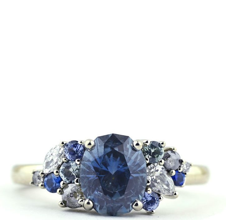 Teal Blue Oval Cut Sapphire Cluster Ring