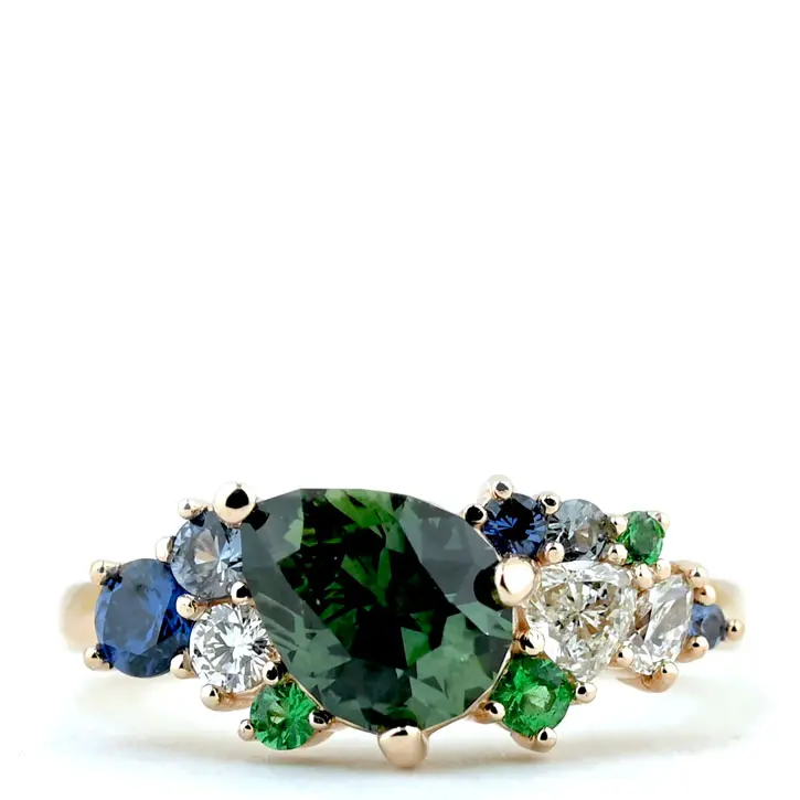 Teal Sapphire and Emerald Cluster Ring