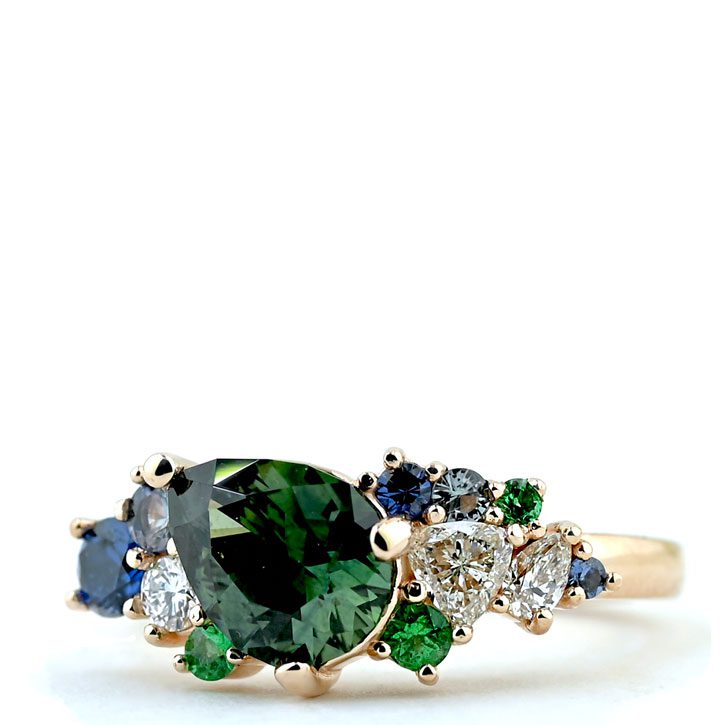 Custom sapphire cluster ring made by Abby Sparks Jewelry