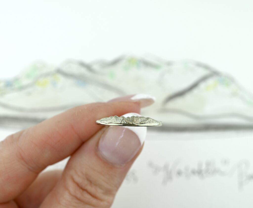 Sass Watercolor sketch of mountain inspire wedding ring by Abby Sparks Jewelry
