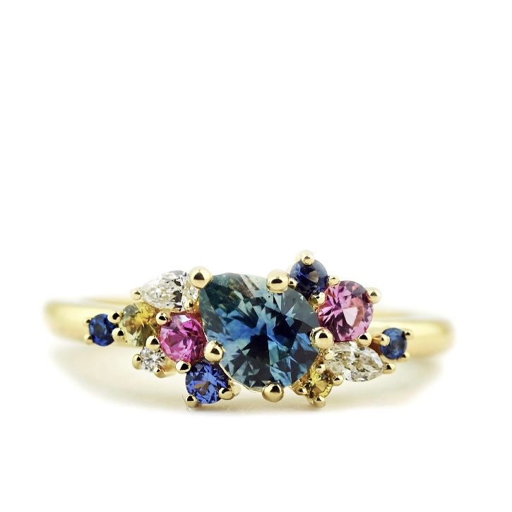 Blue and Pink Sapphire Cluster Ring