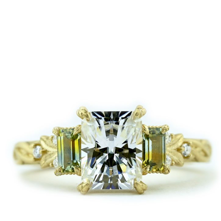 Three Stone Moissanite and Sapphire Ring
