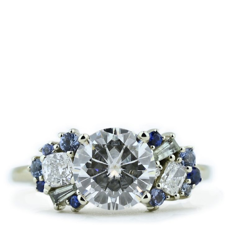 Round Moissanite with Sapphire Accent Engagement Ring: Wings